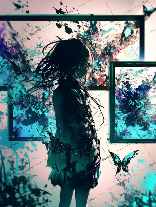 インクの飛沫が飛んだ額縁と女の子のイラスト-アイコン AI イラスト