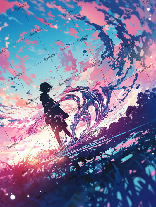 黄昏の空の下でスプラッシュに囲まれた男の子のイラスト-アイコン AI イラスト