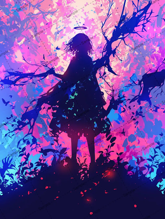 派手な色合いに包まれた天使のシルエットのイラスト AI イラスト