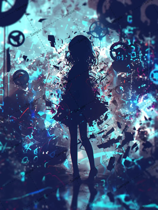 部品に囲まれた女の子のシルエットのイラスト-アイコン AI イラスト