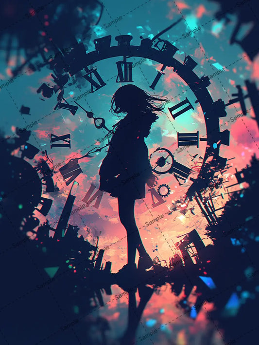 古い時計と女のシルエットのイラスト-アイコン AI イラスト